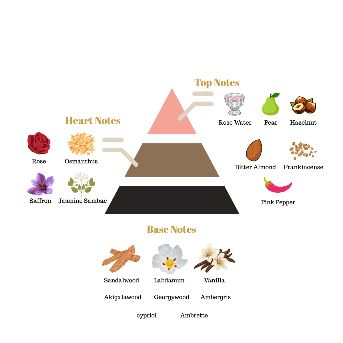 Fragrance note pyramid for Scentra No.85, inspired by Amouage Guidance 46, showing top, heart, and base notes