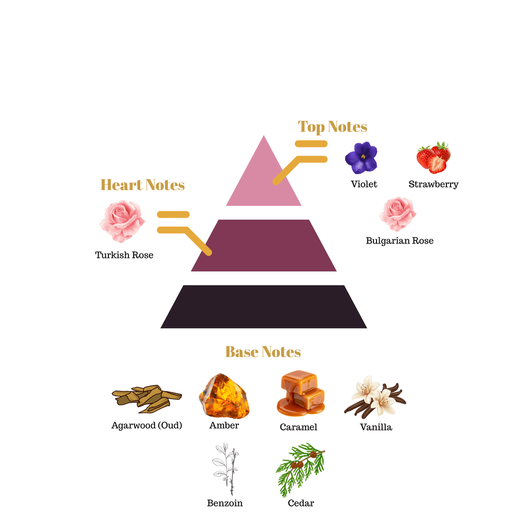 Fragrance note pyramid for Scentra No.97, inspired by Maison Francis Kurkdjian Oud Satin Mood, showing top, heart, and base notes