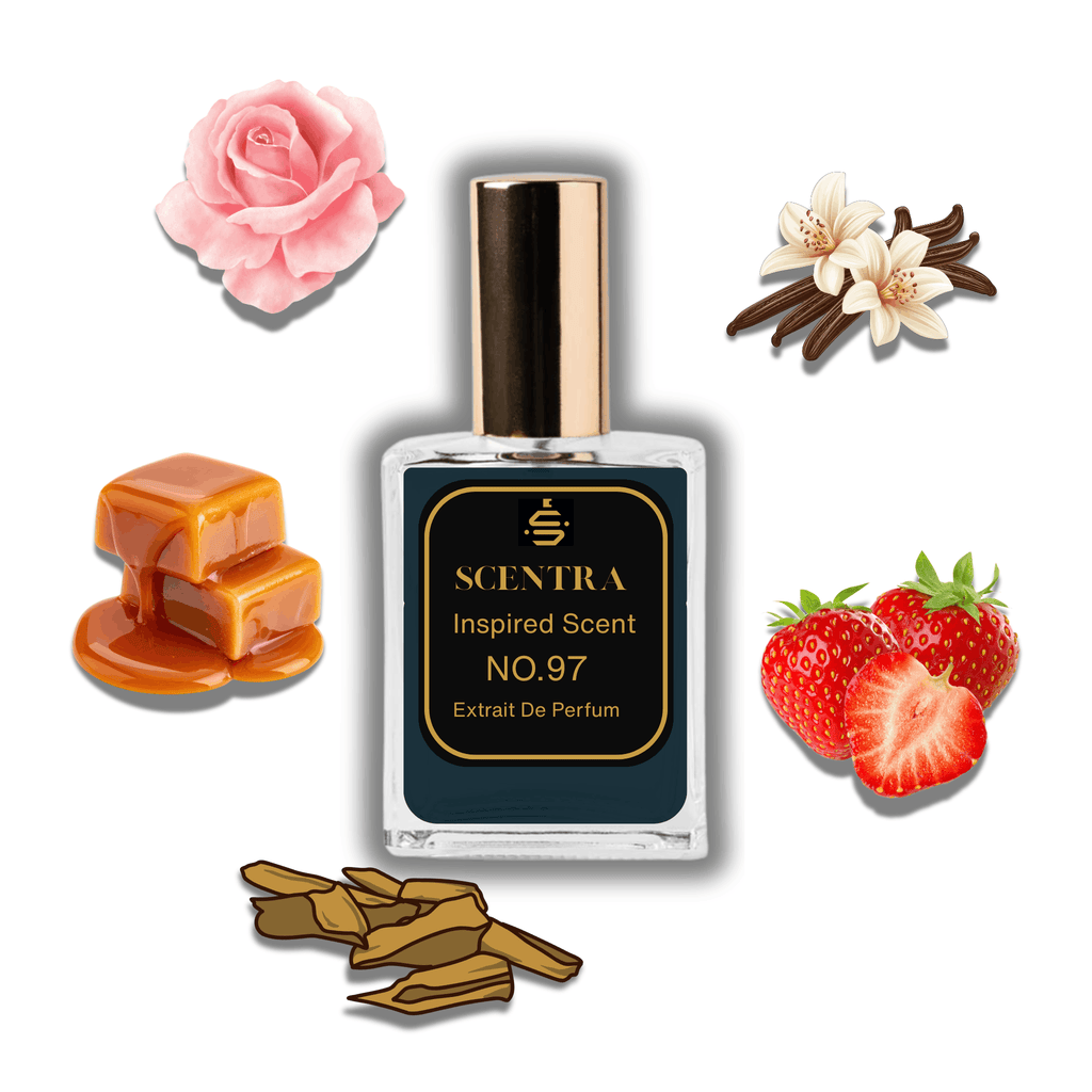 Scentra No.97 perfume bottle inspired by Maison Francis Kurkdjian Oud Satin Mood surrounded by rose, vanilla, caramel, strawberry, and agarwood