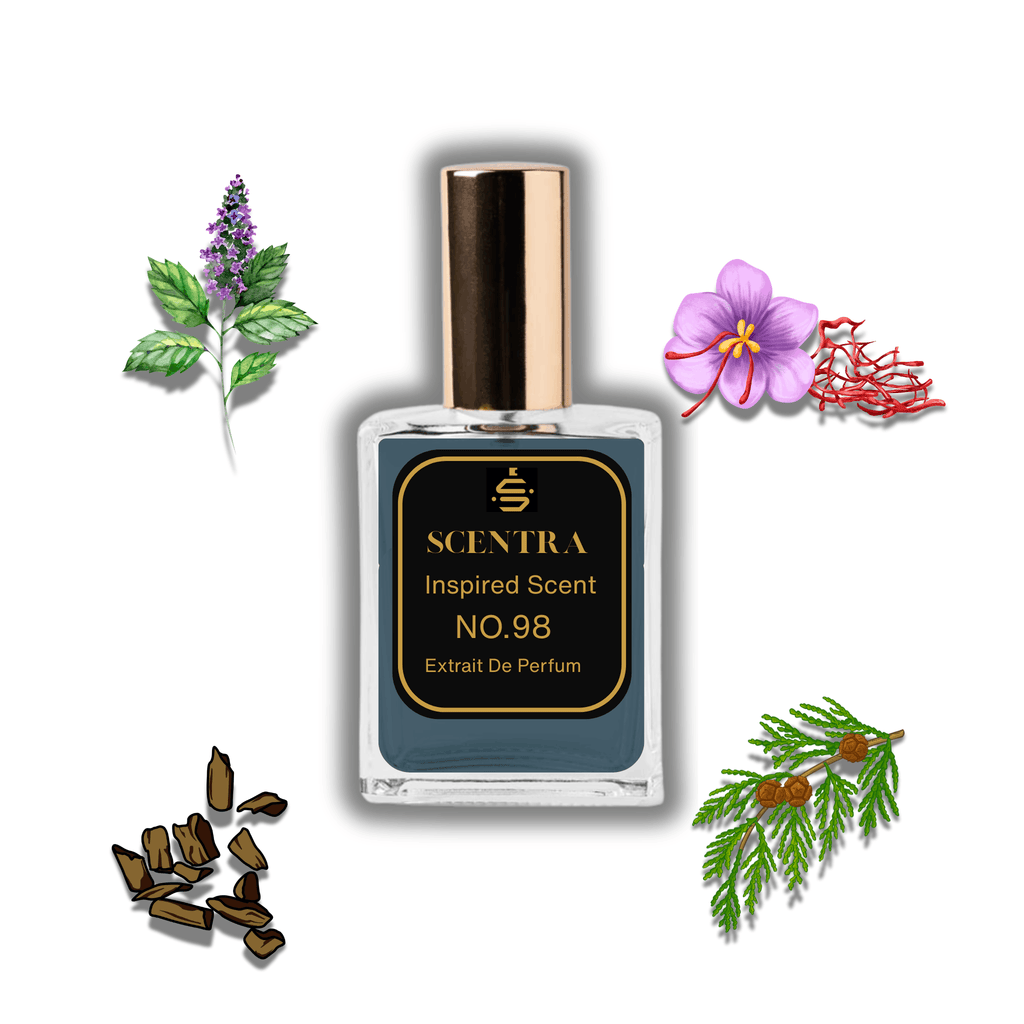 Scentra No.98 perfume bottle inspired by Maison Francis Kurkdjian Oud surrounded by saffron, elemi, agarwood, and cedar