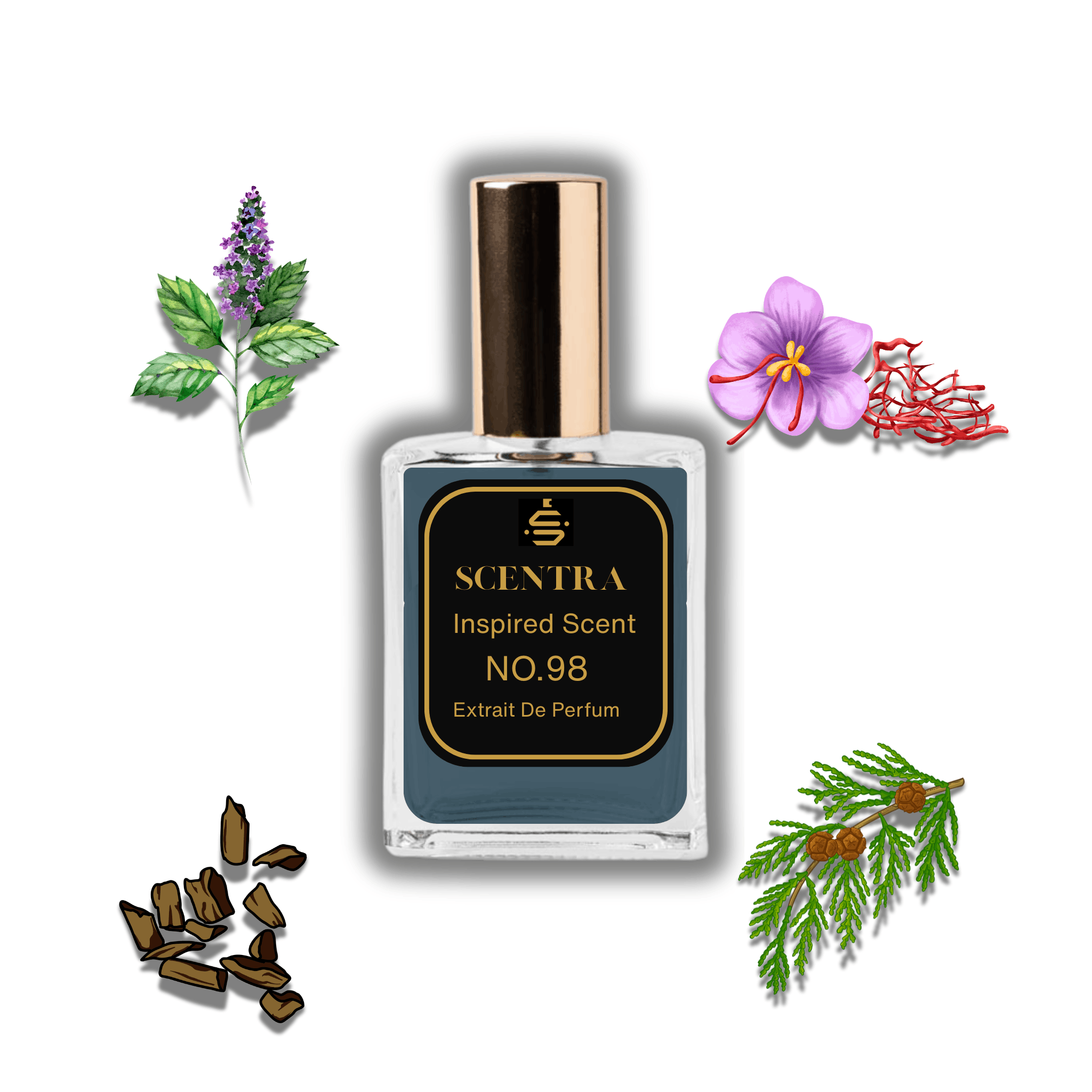 Scentra No.98 perfume bottle inspired by Maison Francis Kurkdjian Oud surrounded by saffron, elemi, agarwood, and cedar