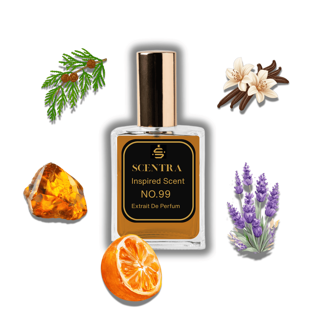 Scentra No.99 perfume bottle inspired by Maison Francis Kurkdjian Grand Soir surrounded by orange, lavender, amber, and vanilla