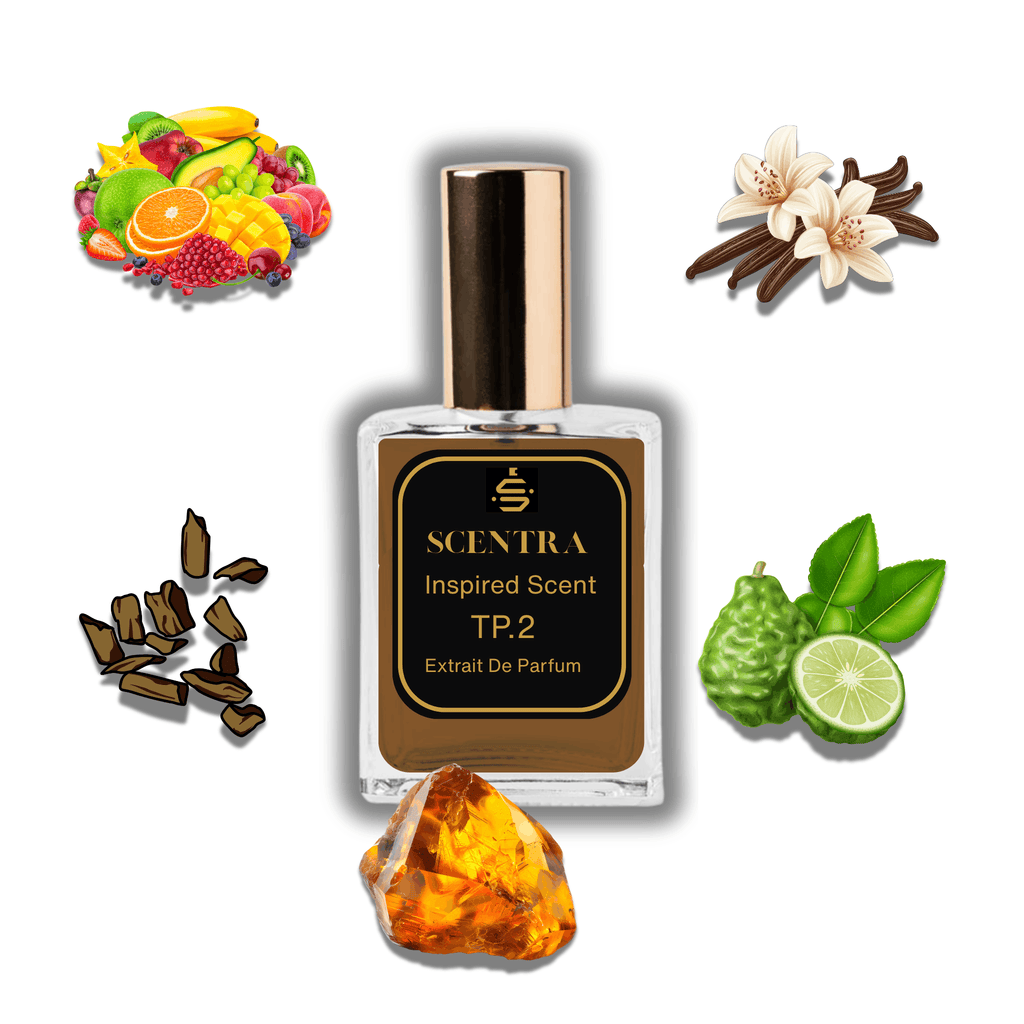 Scentra Top Secret 2 perfume bottle surrounded by fruits, agarwood, amber, bergamot, and vanilla