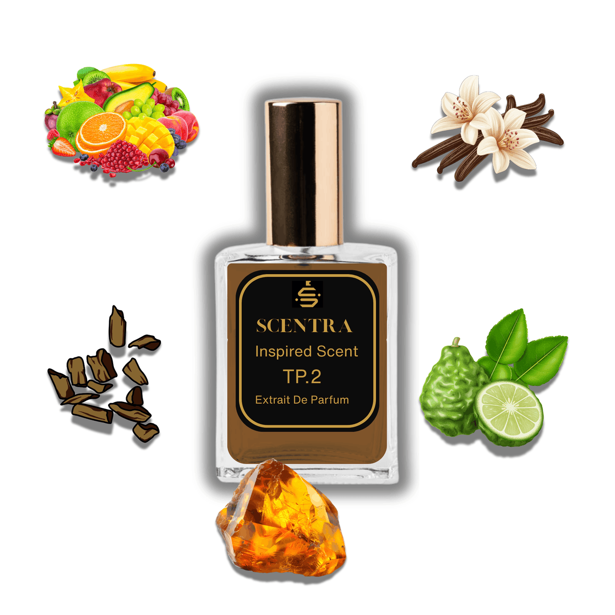 Scentra Top Secret 2 perfume bottle surrounded by fruits, agarwood, amber, bergamot, and vanilla