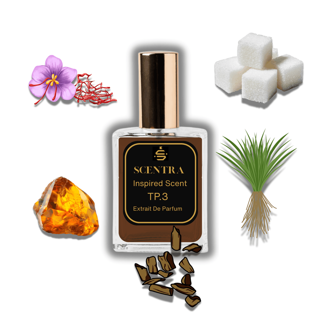 Scentra Top Secret 3 perfume bottle surrounded by saffron, sugar, agarwood, amber, and vetiver